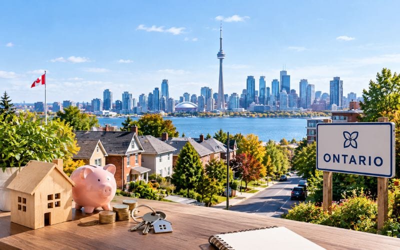 Model house, piggy bank and keys on a table with the Toronto skyline and an Ontario sign behind